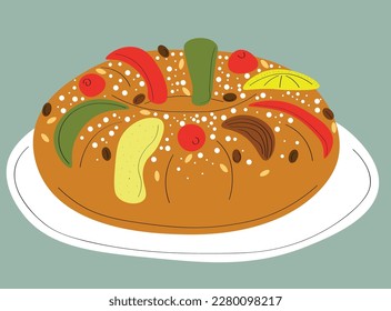 Epiphany king cake drawing. Colorful vector illustration of latin king cake (rosca de reyes, bolo rei)