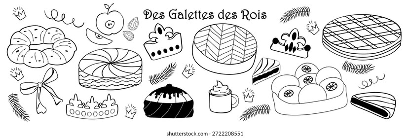 Epiphany King Cake , GALETTES DES ROIS auf Französisch, Schwarz-Weiß-Linie Kunst .Doodle Skizze Stil.