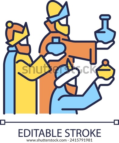Epiphany RGB color icon. Three wise men with gifts to Jesus. Biblical Magi. New testament. Christian holiday. Isolated vector illustration. Simple filled line drawing. Editable stroke