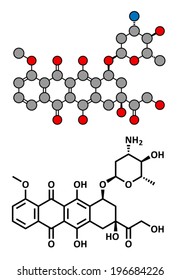 Epirubicin cancer chemotherapy drug, chemical structure. Conventional skeletal formula and stylized representation, showing atoms (except hydrogen) as color coded circles.