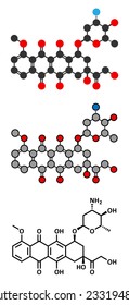 Epirubicin cancer chemotherapy drug molecule. Conventional skeletal formula and stylized representations. 