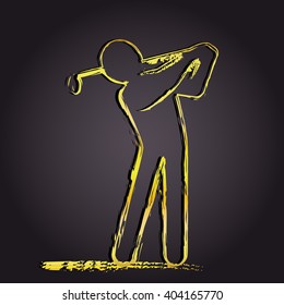 Episode from the golf course - golf swing. Golfer finished to hit the ball. Golden color. Volumetric. Icon.