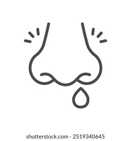 Icono de epistaxis. Ilustración de línea delgada de la nariz con gotita que representa el sangrado nasal. Signo de Vector médico para problemas de salud y sangrado nasal.