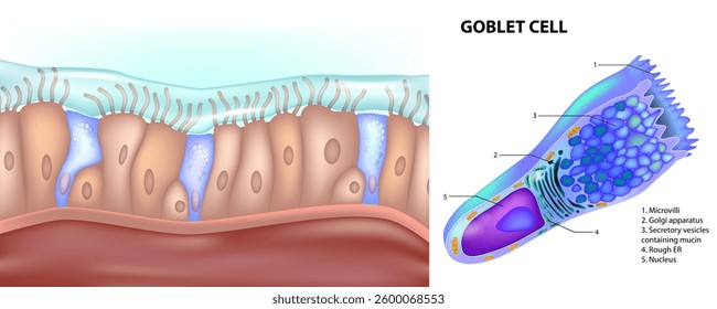 Epithelial Tissue with Goblet Cells. Goblet Cell Structure Illustration. Mucus Secreting. Human Goblet Cell Anatomy Educational Chart