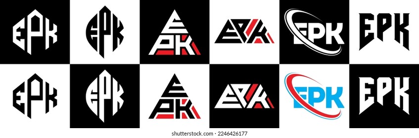 EPK letter logo design in six style. EPK polygon, circle, triangle, hexagon, flat and simple style with black and white color variation letter logo set in one artboard. EPK minimalist and classic logo
