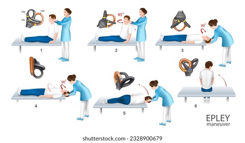 Epley maneuver is a methodological guide for students with the help of a doctor step by step instructions. Treatment of benign positional paroxysmal vertigo. Vector.