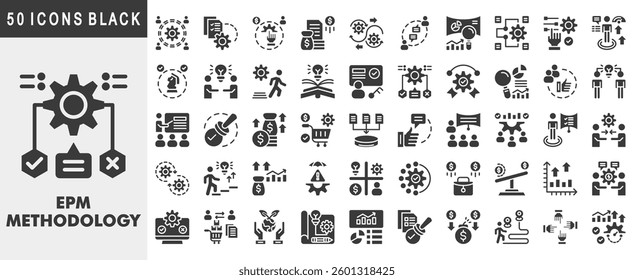epm methodology icon set collection. Covers stakeholders, project management, resource allocation, budget, change management, communication, project dashboard. Simple vector black illustration.