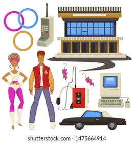 Epoch symbols, 1980s style fashion and technologies, man and woman vector. Hula huos and telephone, building and music player with headphones. Computer and retro car, lightning shape earrings