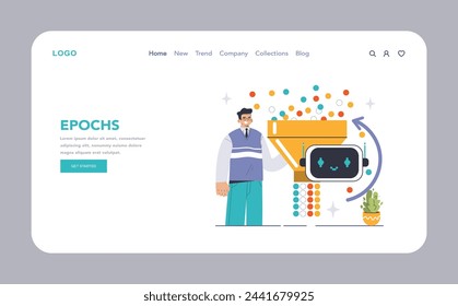 Épocas en el concepto de entrenamiento de IA. Un hombre experto en tecnología que supervisa el embudo de datos y demuestra cómo los ciclos múltiples mejoran el aprendizaje automático. Iteración de datos y visualización de la cara del robot. Ilustración vectorial plana