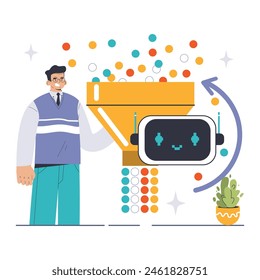Épocas en el concepto de entrenamiento de IA. Un hombre experto en tecnología que supervisa el embudo de datos y demuestra cómo los ciclos múltiples mejoran el aprendizaje automático. Iteración de datos y visualización de la cara del robot. Ilustración vectorial plana