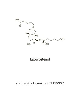 Epoprostenol flat skeletal molecular structure Prostaglandin analogue drug used in pulmonary hypertension treatment. Vector illustration scientific diagram.