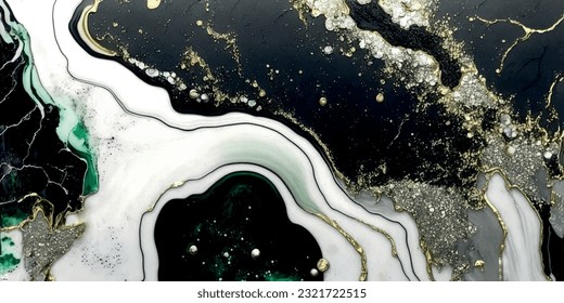 Epoxy resin geode background,golden glitter veins cracks.Green white black marble fluid liquid art alcohol ink painting watercolor backdrop design.Wedding invitation card decoration.Wallpaper.Banner