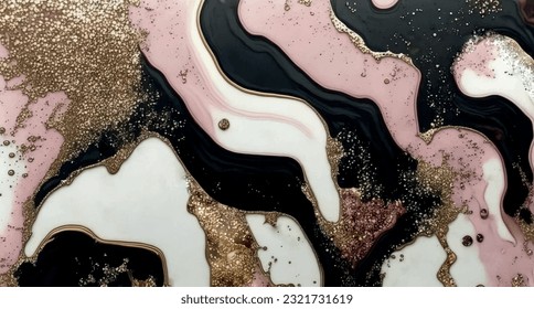 Epoxy resin geode background,golden glitter veins cracks.Pink white black marble liquid fluid art alcohol ink painting watercolor backdrop design.Wedding invitation card decoration.Wallpaper.Banner