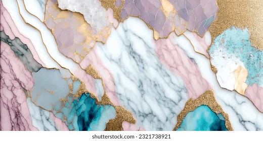 Epoxy resin geode background,golden glitter veins cracks.Pink blue white grey marble fluid art alcohol ink painting watercolor backdrop design.Wedding invitation card decoration.Banner wallpaper 