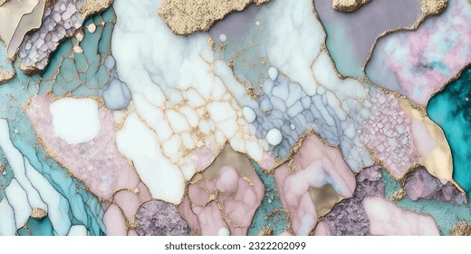 Epoxy resin geode background,golden gold glitter veins cracks.Pink blue white gray marble fluid art alcohol ink painting watercolor backdrop design.Wedding invitation card decoration.Banner wallpaper 