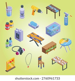 epoxy resin icons set isometric vector chemical glue furniture graphic round textured 3d 