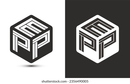 Diseño del logotipo de la letra EPP con el logotipo del cubo ilustrador, logotipo vectorial estilo moderno de superposición de tipos de letra del alfabeto. Icono del logotipo de Premium Business. Color blanco sobre fondo negro