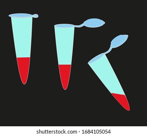 Eppendorf tubes set - lab tool flat vector illustration isolated on black. Test tube blood in vitro. Biology experiment In cartoon style. Easy to change color, add text ad to use.