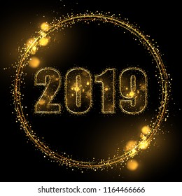 Eps 10 2019 sparkling gold glitter textured numbers in round decorative frame. New year golden luxury background