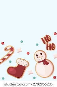 EPS 10. A4 template featuring gingerbread cookies on a light background with space for text. Suitable for postcards, advertisements, social media posts, backgrounds, covers, etc.