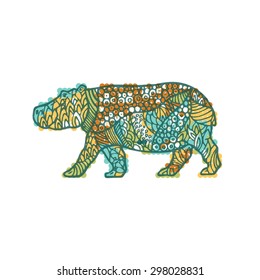 eps 10. Abstract vector multicolored patterned silhouette walking behemoth. Hippo with a pattern inside.