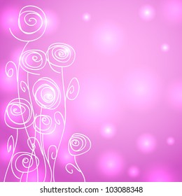EPS 10: Beautiful abstract pink background with lights and fun swirly hand drawn flowers.