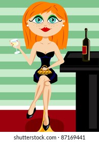 EPS 10: Beautiful red head cartoon woman character in a black dress drinking a glass of wine at the bar waiting for her date.