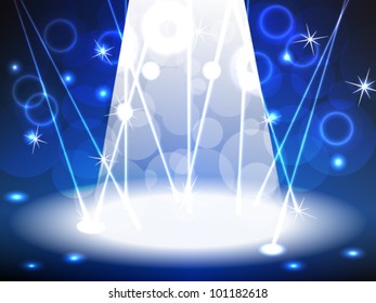 EPS 10: Blue lit stage for music, rock concert, dance or other event with a bright lights, lasers, bokeh and other neon effects, can be used for product advertising.