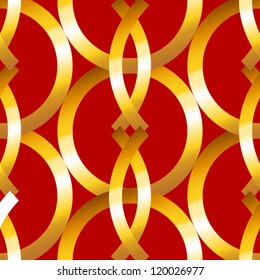 EPS 10: Bold and graphic seamless pattern made by gold metallic rings, circles and arches geometrical shapes over dark red,great for fabric, backgrounds and the likes.