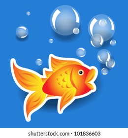 EPS 10: Cartoon goldfish label or sticker with white border with bubbles and shadows over water blue background