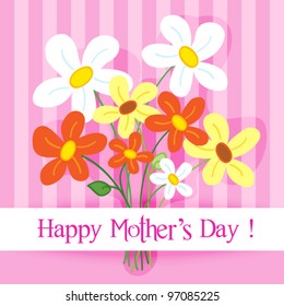 EPS 10: Celebration card: cute and fun hand drawn daisy flowers with shadow over a pink stripes background with Happy mother's day banner.