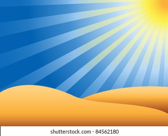 EPS 10: Climate change concept: desert background with sunburst, blue sky and sand dunes.