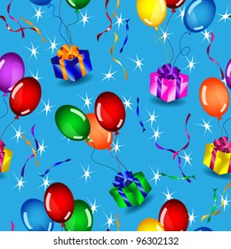 EPS 10: Colorful gift boxes floating in the sky with balloons and stars, perfect celebration design.