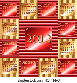 EPS 10: Complete 2012 calendar with industrial corrugated metal design with plate indicating the year, month and days, either horizontal in red or vertical in gold.