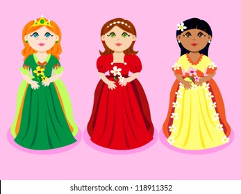 EPS 10: Cute cartoon of a three little girls or princesses, of diverse ethnicity with flowers.