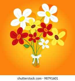 EPS 10: Cute and fun bouquet of hand drawn daisy flowers with shadow over a gradient orange background with copy space at the bottom, perfect for a card.