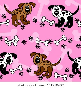 EPS 10: Cute and fun cartoon dogs with paw prints and bones over girly pink that can be used as borders or full wallpaper pattern, perfect for pet related articles.