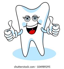 EPS 10: Cute and fun cartoon tooth giving the two thumbs up signal of success, can be used for kid mouth hygiene concept.