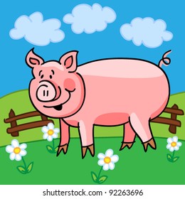 EPS 10: Cute and fun cartoon pig in a green field with flowers and fence.