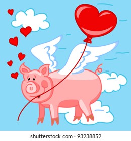EPS 10: Cute and fun cartoon of a flying pig in love delivering a heart shape balloon to his love on valentine's day.