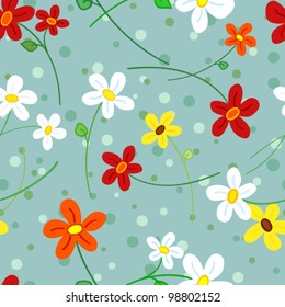 EPS 10: Cute, fun and fresh seamless pattern of simple hand drawn daisy flowers over blue grey polka dots background