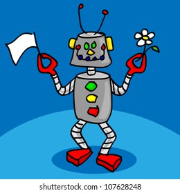 EPS 10: Cute, fun and friendly smiling peaceful robot cartoon character holding a white flag and a daisy flower as symbol of peace.
