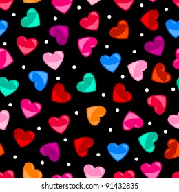 EPS 10: Cute and fun seamless pattern of colorful heart shapes over black background, perfect for Valentine's day or other love concept