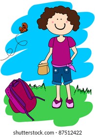 EPS 10: Cute little girl cartoon character going to school with her lunch and back pack
