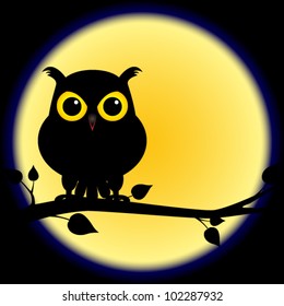 EPS 10: Dark Shadow Silhouette Of An Owl With Yellow Eyes, Perched On Branch On A Night With Full Moon, Perfect For Halloween.
