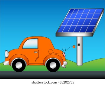 EPS 10: Eco friendly car concept cartoon with cute orange car just unplugged from a green energy source, solar panels, with copy space in the blue sky.