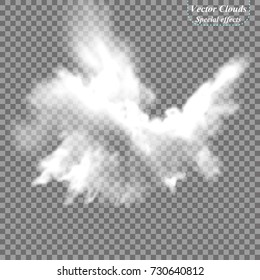 EPS 10. Fog or smoke isolated transparent special effect. White vector cloudiness, mist or smog background. Vector illustration