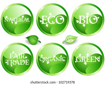 EPS 10: Fun collection of green shade web glossy buttons with different environmental or sustainable development related messages: bio, eco, natural, green, organic, fair trade.