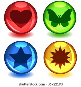 EPS 10: Fun colorful balls or spheres with drop shadows in red, green, blue and yellow with common icons or symbols: heart, butterfly, star, sun.