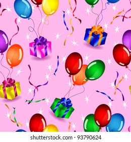 EPS 10: Fun colorful birthday card or background with gifts, balloons and Happy birthday text.